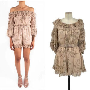 Zimmermann Unbridled Off-the-shoulder Ruffle Romper Lilac Wisteria Floral